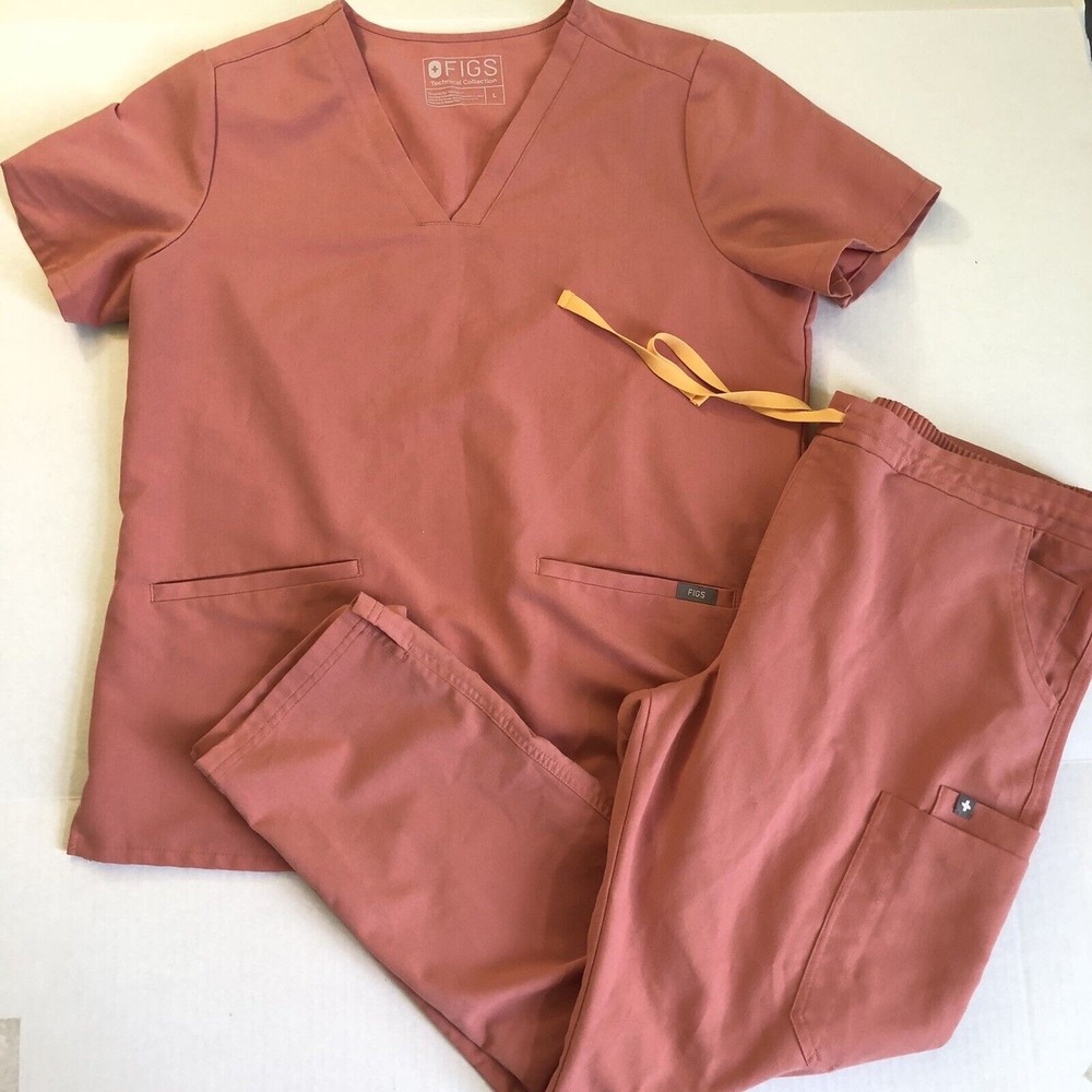 FIGS Scrubs Set Size Large Casma Top & Large Petite Yola Skinny Pants Hot Coral